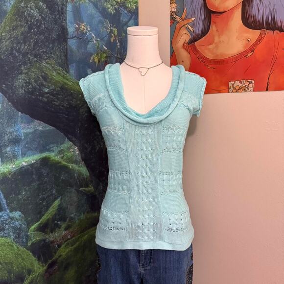 y2k aqua knit cowl neck cap sleeve top stretchy coquette style - Picture 1 of 6